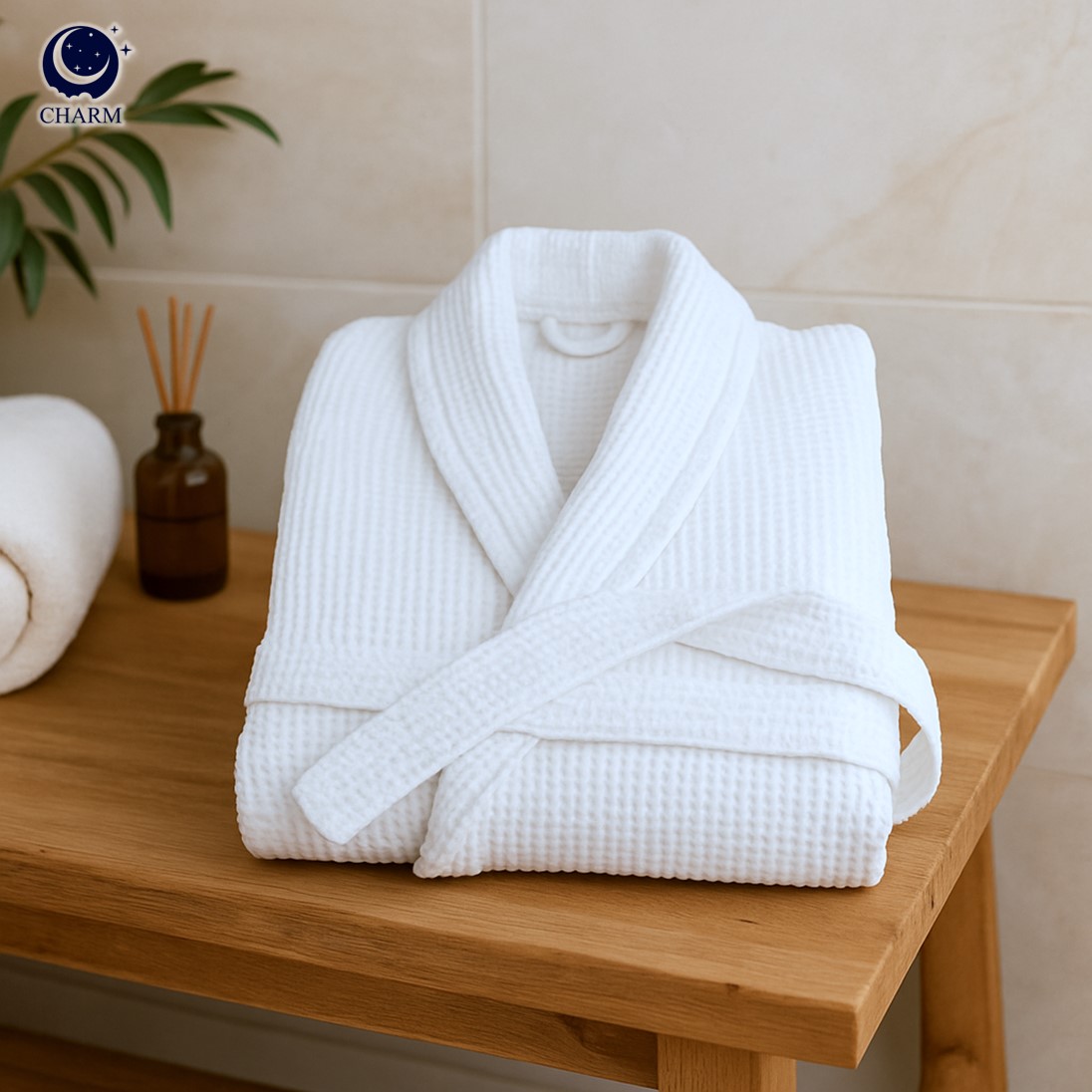 CHARM เสื้อคลุมอาบน้ำ ผ้าคอตตอนรังผึ้ง WAFFLE ฟรีไซซ์ (HOTEL BATHROBE)_10